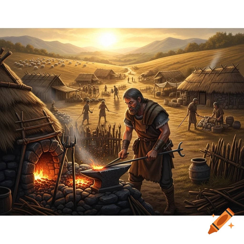 Illustration of a Bronze Age village at sunset. A blacksmith forges metal at an anvil, surrounded by huts, sheep, and villagers.