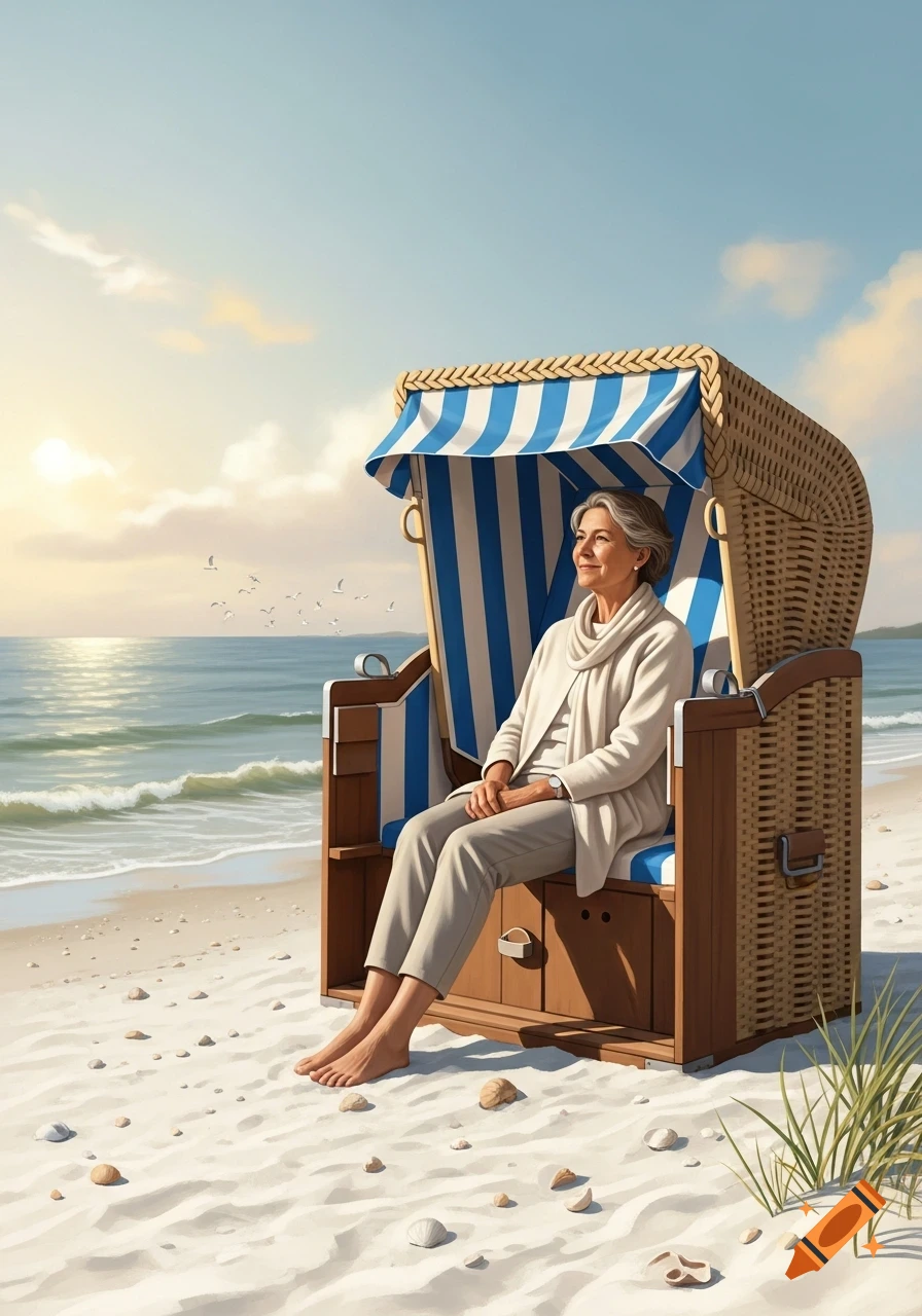 A senior woman sits comfortably in a blue and white striped beach chair on a sunny sandy beach next to the ocean.