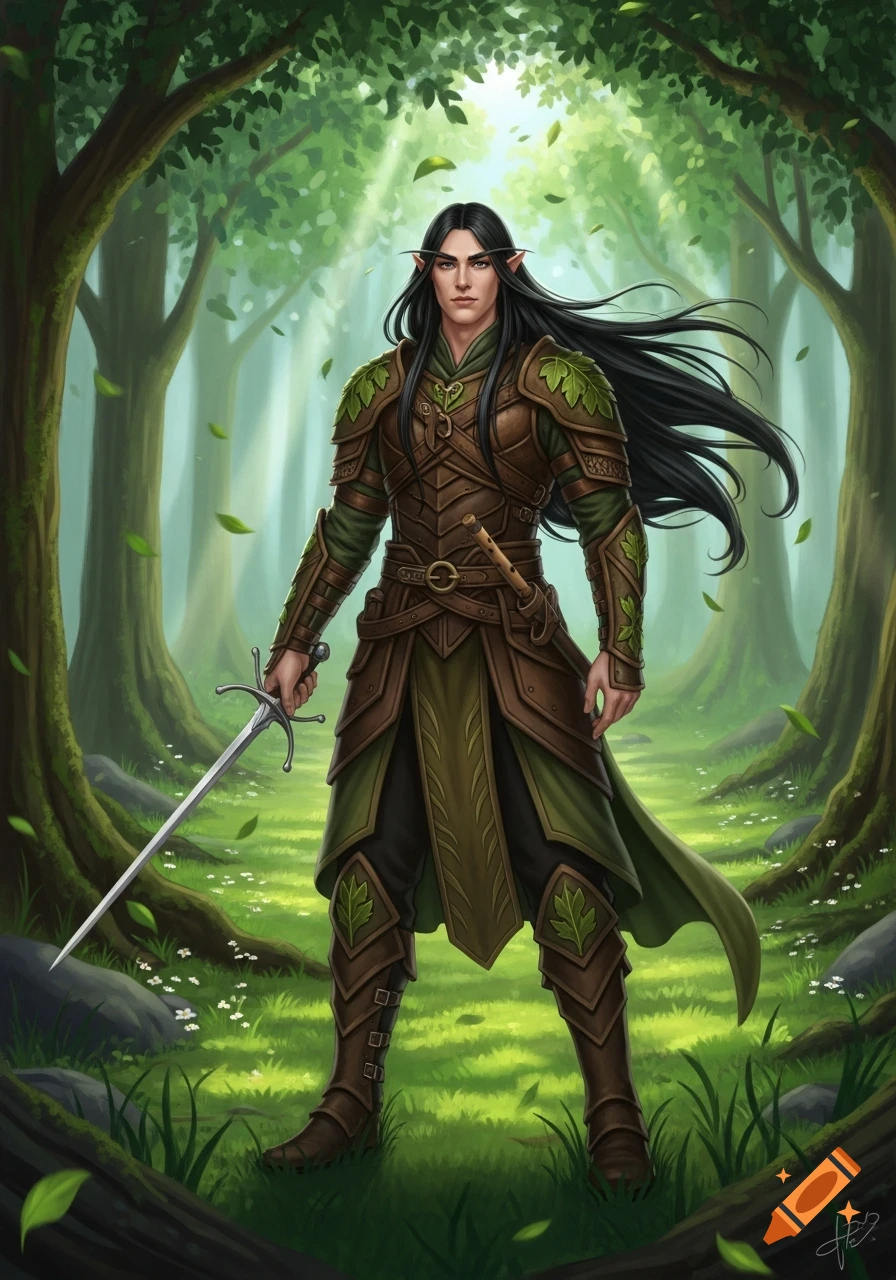 A fantasy wood elf with long black hair, green and brown leather armor, holding a sword in a sunlit forest.