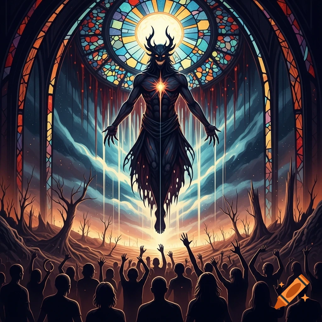 A sinister horned demon with glowing eyes and chest floats above a wasteland, worshipped by silhouetted figures beneath a stained glass window.