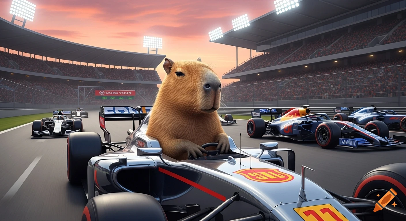 A capybara drives a Formula 1 race car on a track in a stadium packed with spectators at sunset, with other race cars in the background.