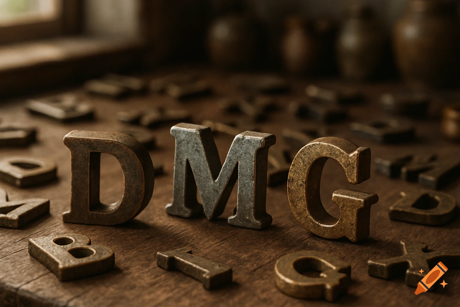 3D block letters D, M, and G with metallic and bronze textures scattered on a rustic wooden table.