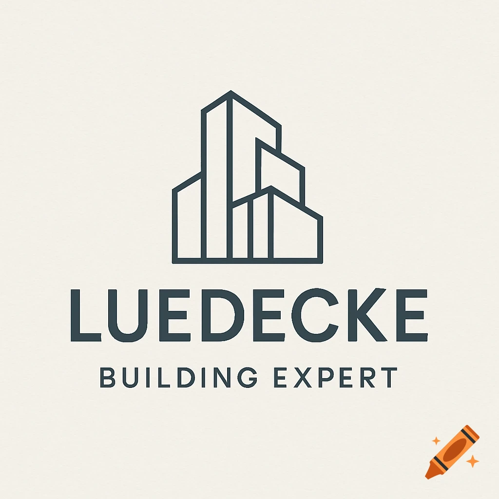 A minimalist logo featuring a dark blue outline of three abstract buildings above the text 'LUEDECKE BUILDING EXPERT' on a light beige background.