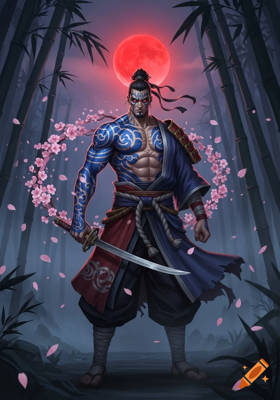 Muscular samurai warrior with blue tattoos, a katana, and a blue and red kimono stands in a bamboo forest under a red moon with falling cherry blossoms.