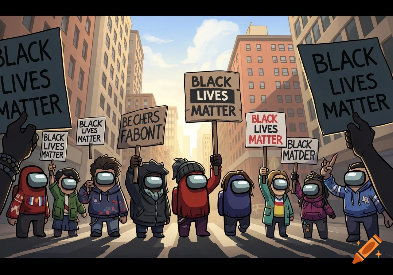 Among Us characters marching in a street protest, holding 'Black Lives Matter' signs in a cartoon style.