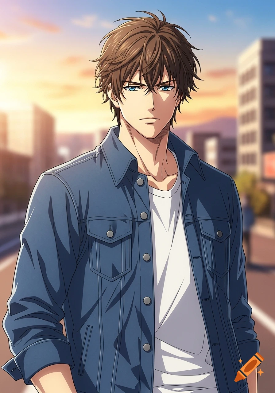 Anime style illustration of a handsome male character with brown messy hair, blue eyes, and a square jaw, wearing a blue denim jacket over a white t-shirt, standing in a city at sunset.