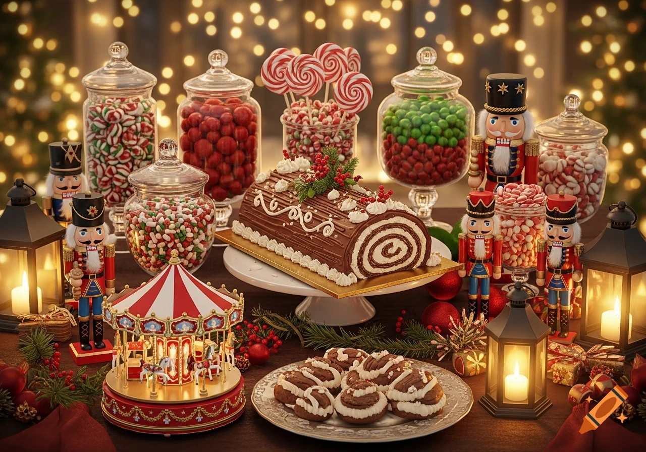 A festive Christmas candy bar table with a chocolate yule log, nutcrackers, glass jars of candy, a carousel, and lanterns, all bathed in warm, soft lights.