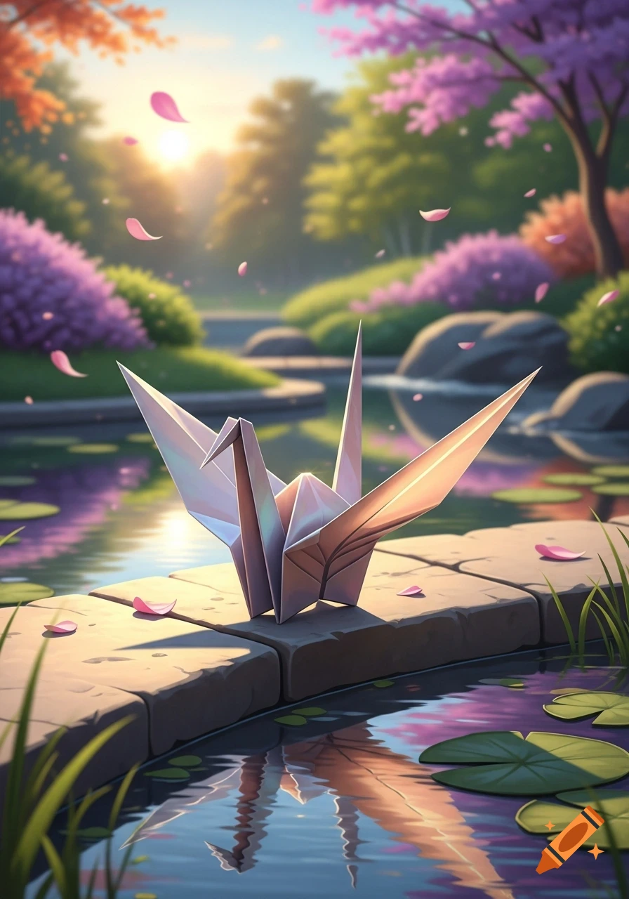 An iridescent origami crane on a stone ledge next to a pond in a lush garden with falling pink cherry blossoms.