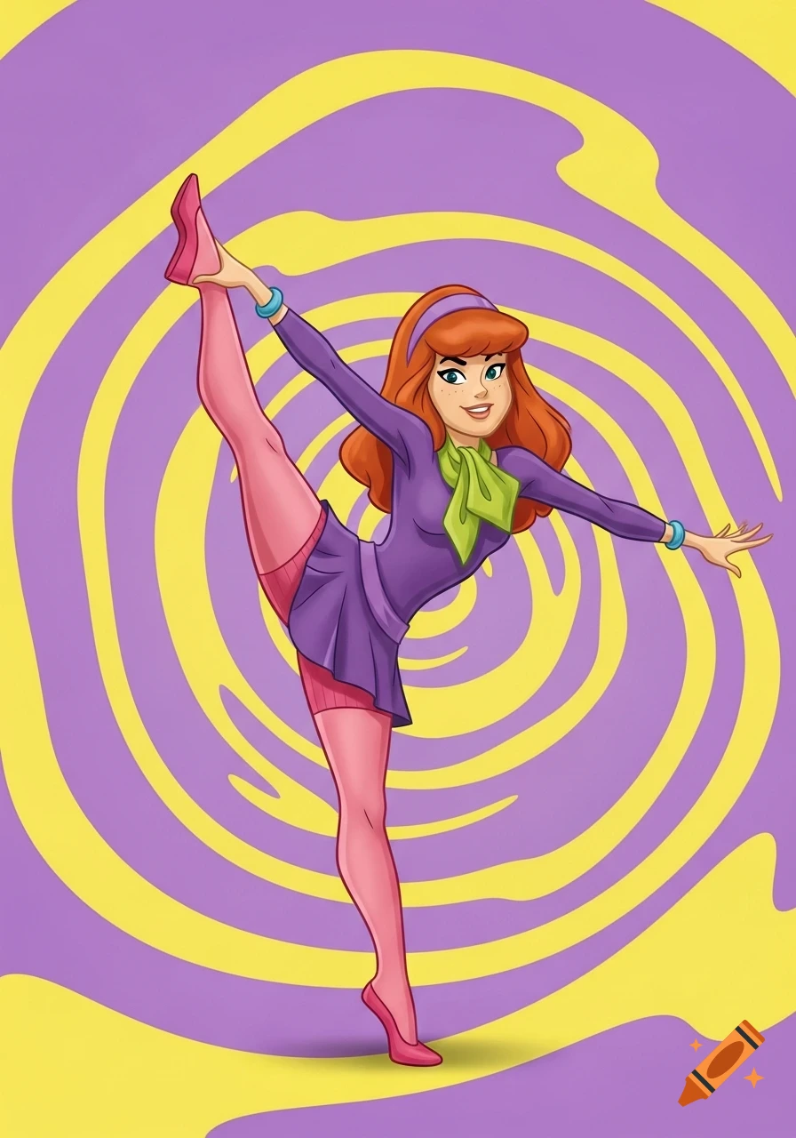 Daphne from Scooby-Doo in a purple leotard and pink tights, posing with a raised leg against a swirling purple and yellow background in 2D cartoon style.
