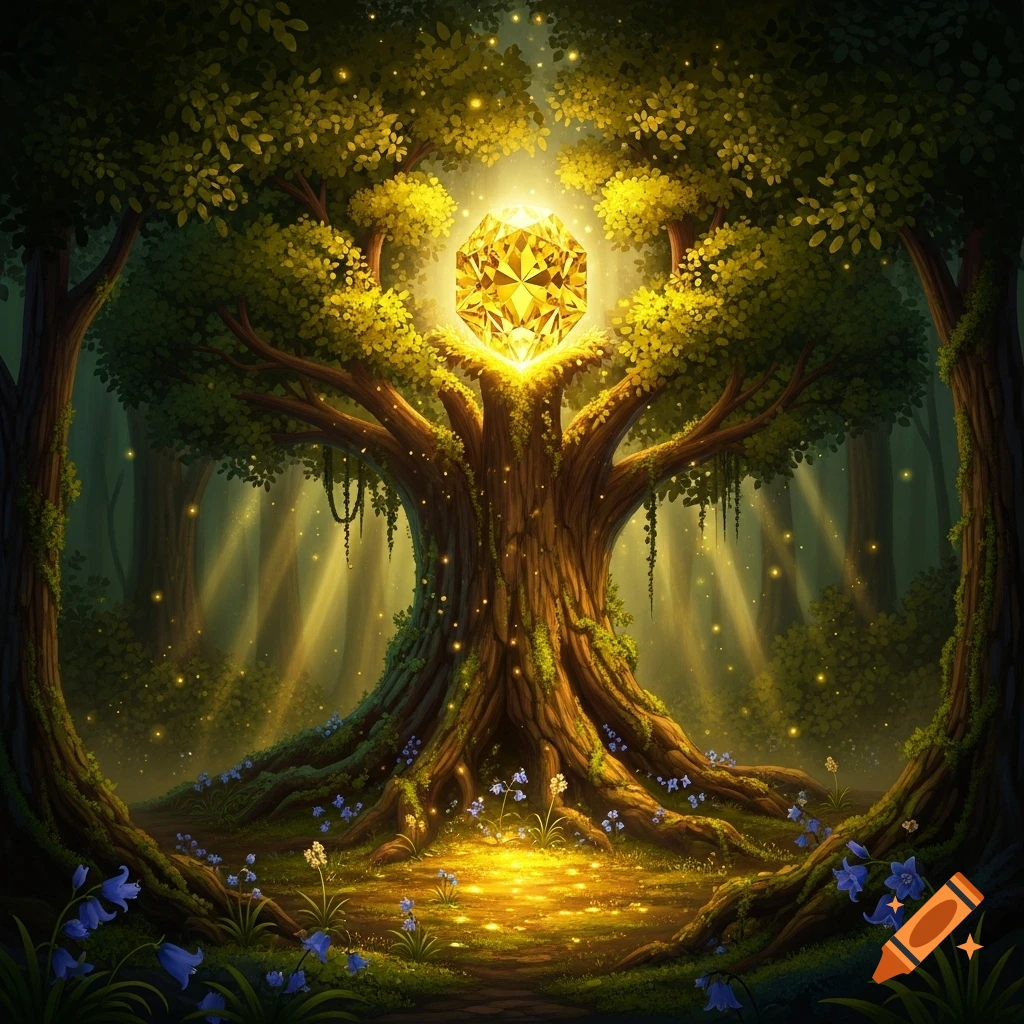 A radiant yellow gemstone glows atop an ancient tree in a magical, sun-dappled forest with blue flowers.