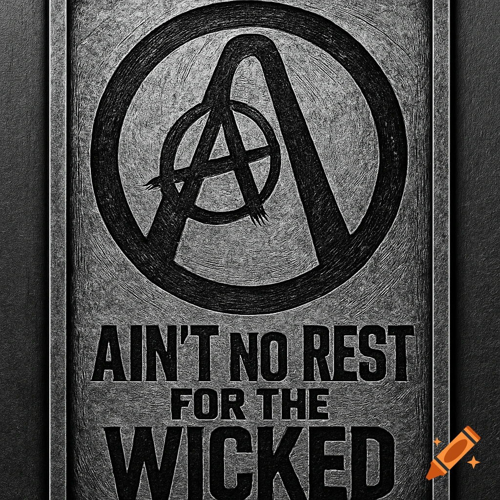 A gritty, black and white industrial plaque features a stylized anarchy symbol and the text 'AIN'T NO REST FOR THE WICKED'.