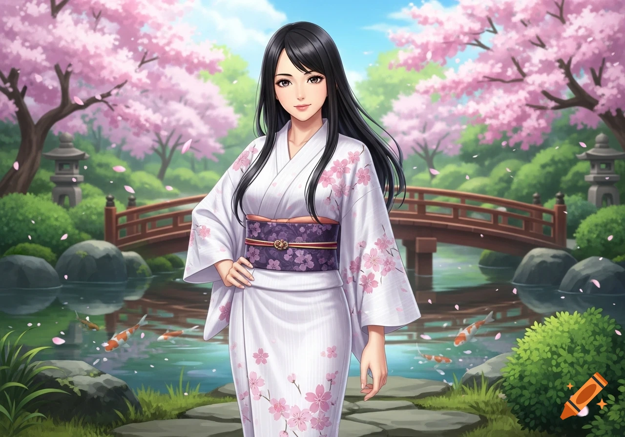 An anime-style woman with long black hair, wearing a white kimono with pink cherry blossoms, stands in a Japanese garden.