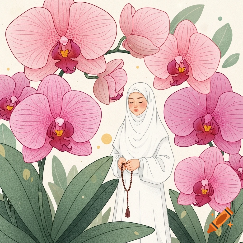Illustration of a Muslim woman in white hijab holding prayer beads, surrounded by large pink orchids and green leaves, in a vintage children's book style.