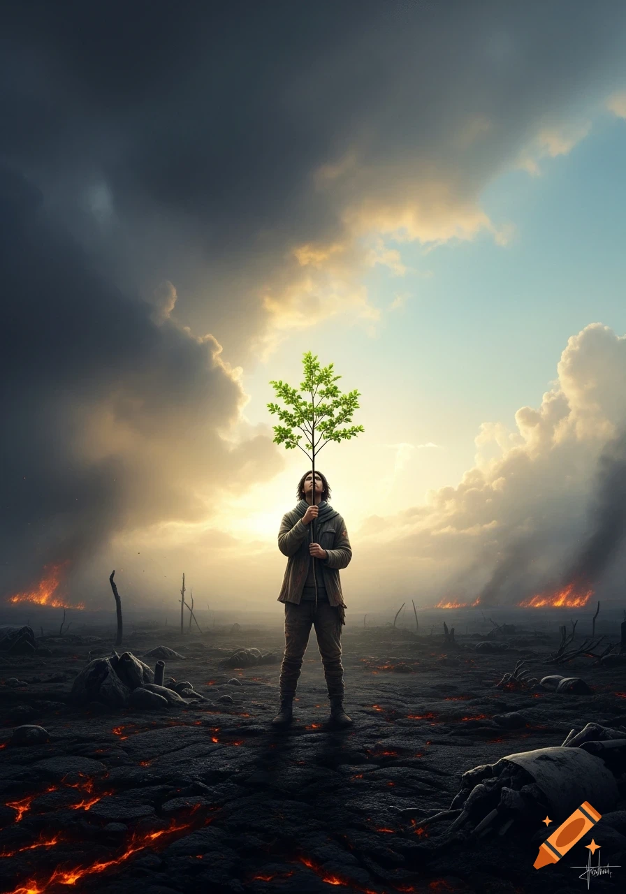 A man in a desolate, burning landscape holds a small green tree, with dark clouds on one side and a clear sky on the other.