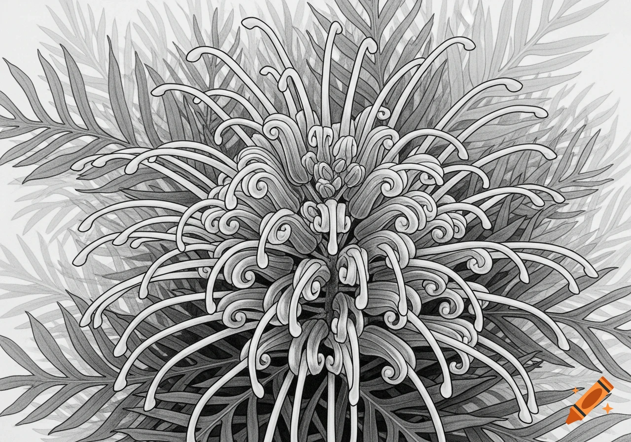 Stylized black and white botanical illustration of a Grevillea flower with intricate curly petals and fern leaves.