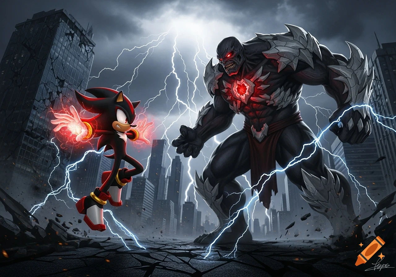 Shadow the Hedgehog with glowing red hands confronts a massive, grey, armored Doomsday in a ruined city under a stormy, lightning-filled sky.