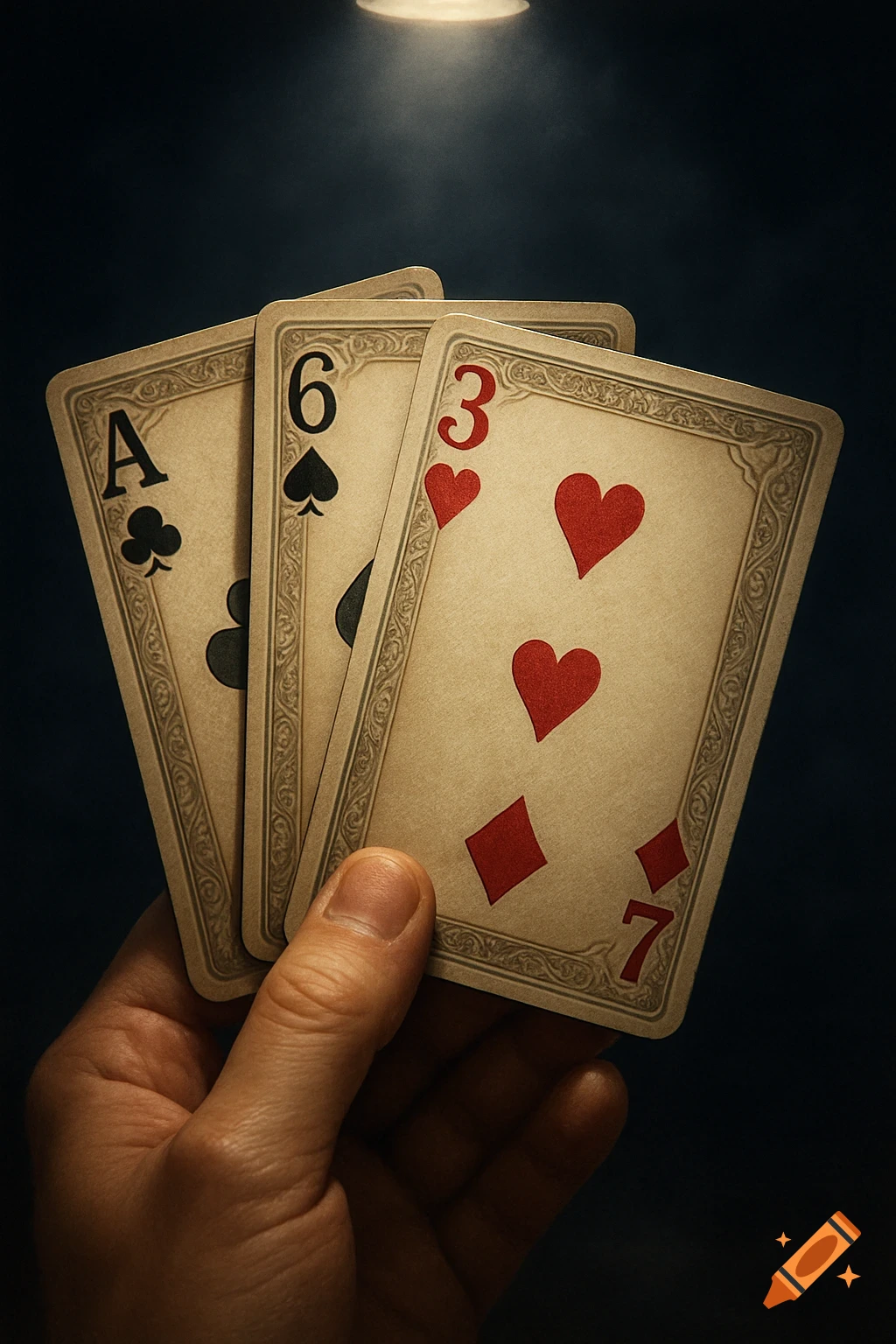 A hand holds four playing cards: Ace of Clubs, 6 of Spades, 3 of Hearts, and 7 of Diamonds, illuminated by a soft spotlight.
