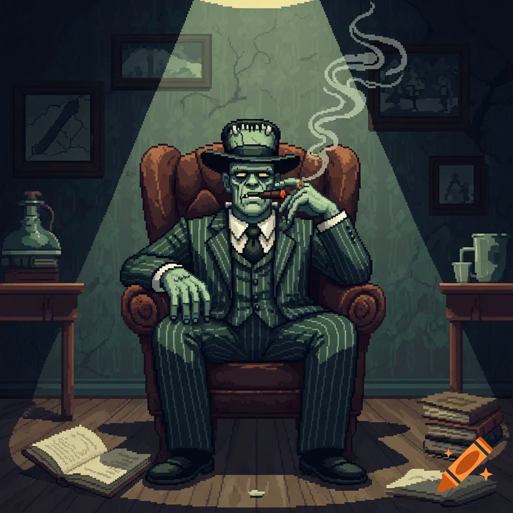 Pixel art of a green-skinned Frankenstein monster mobster in a pinstripe suit and fedora, smoking a cigar in a moody, dimly lit room.