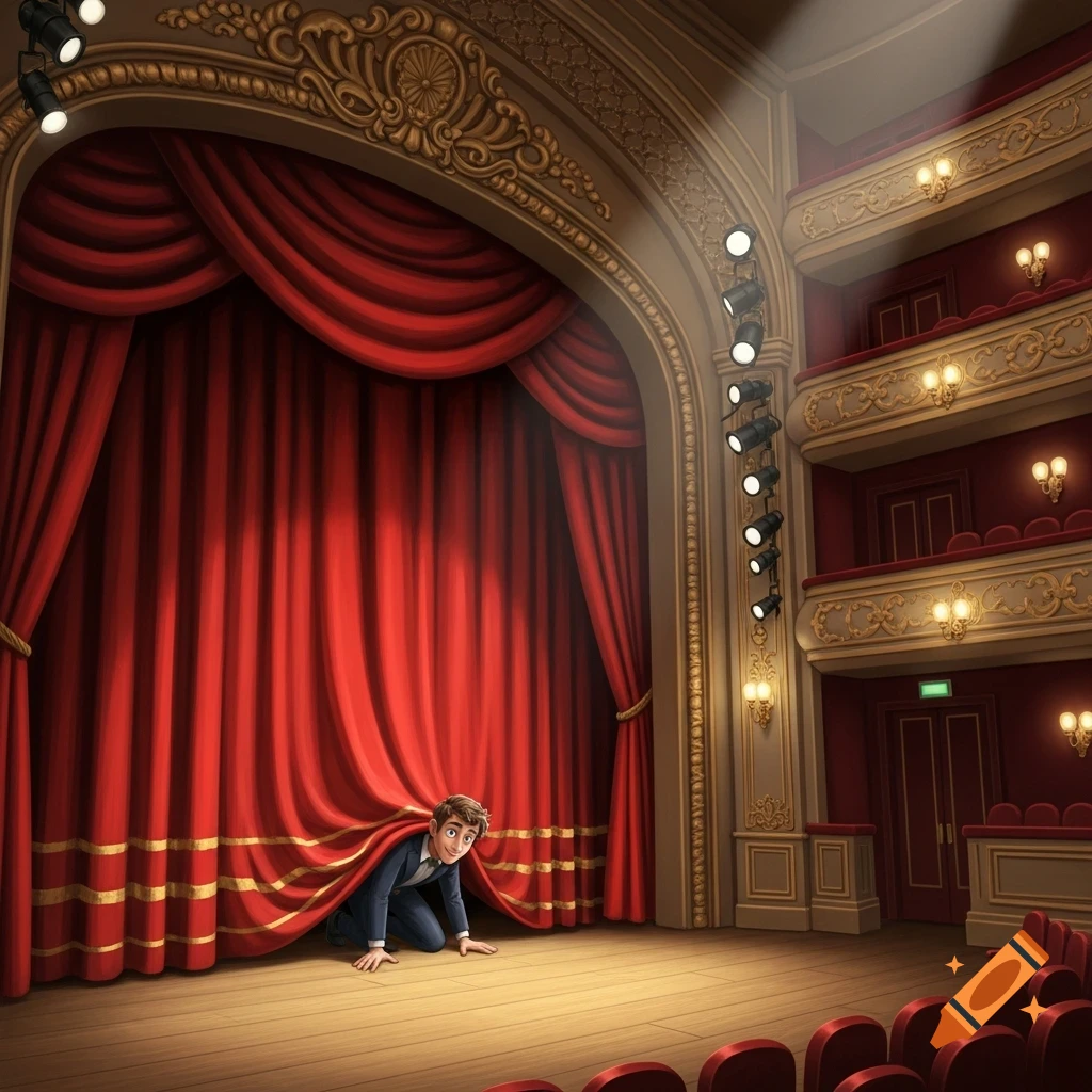 A man in a suit peeks from beneath a red pleated curtain onto a grand, empty theater stage with ornate balconies.