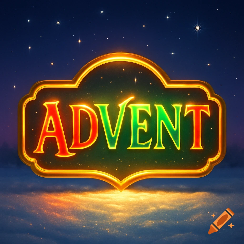 A glowing, colorful sign with a golden frame displays the word "ADVENT" in red and green against a starry night sky, above illuminated clouds.