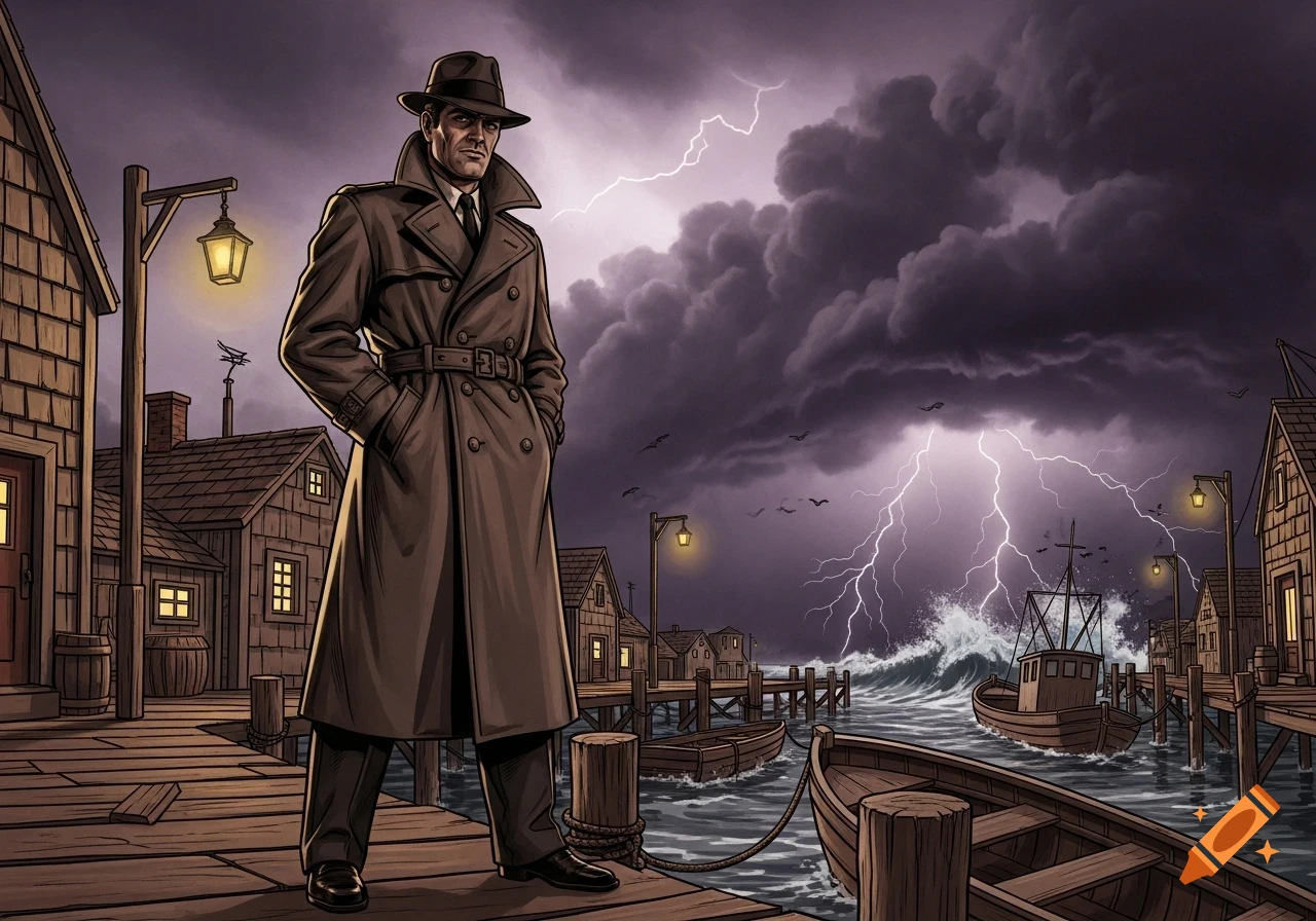 A man in a trench coat and hat stands on a stormy dock in a fishing village, illustrated in a 50s pulp fiction style.