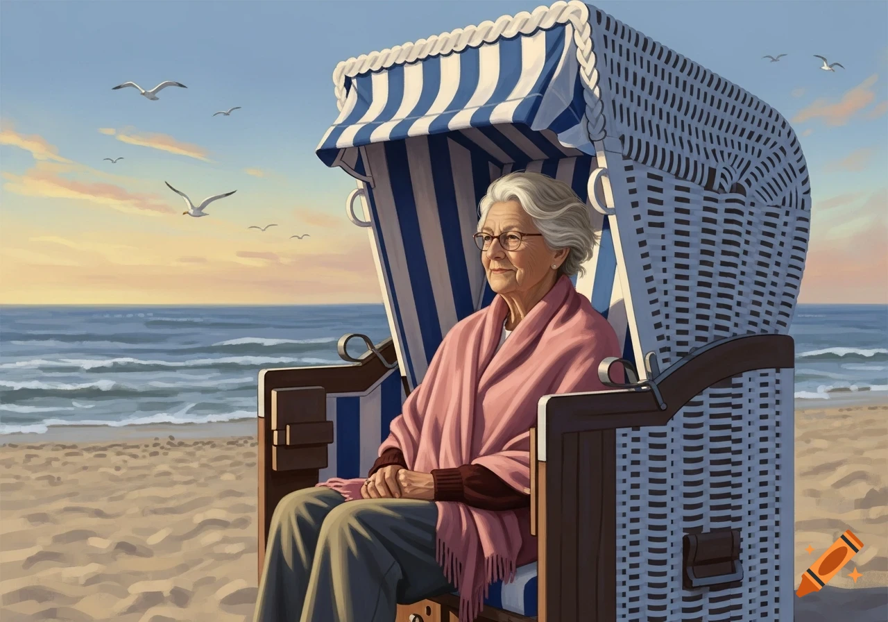 An elderly woman with grey hair and glasses sits in a striped beach chair, wrapped in a pink shawl, looking out at the ocean with seagulls flying above.