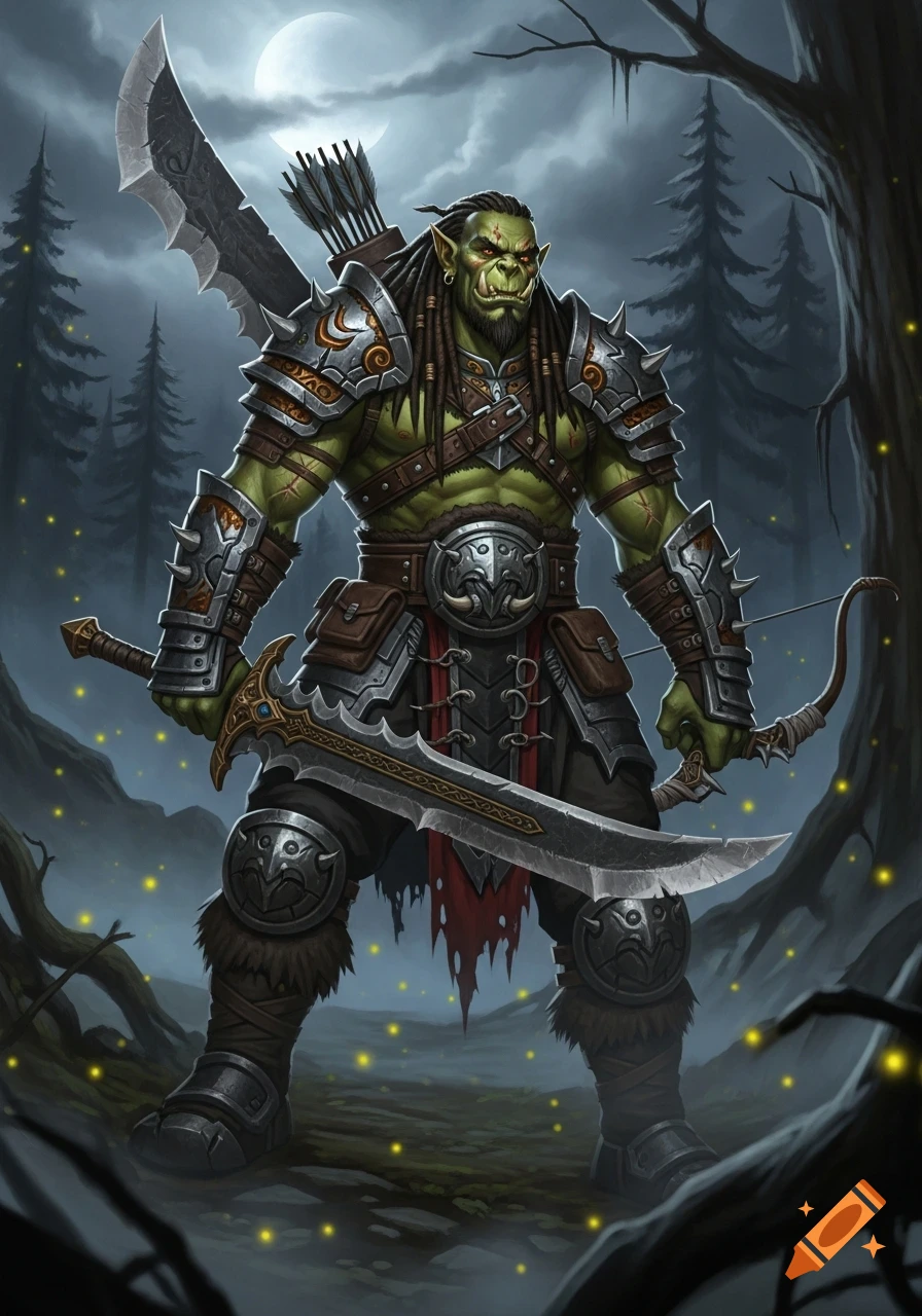 A muscular green-skinned orc monster hunter in ornate armor, wielding two large swords and a bow, stands in a foggy moonlit forest.