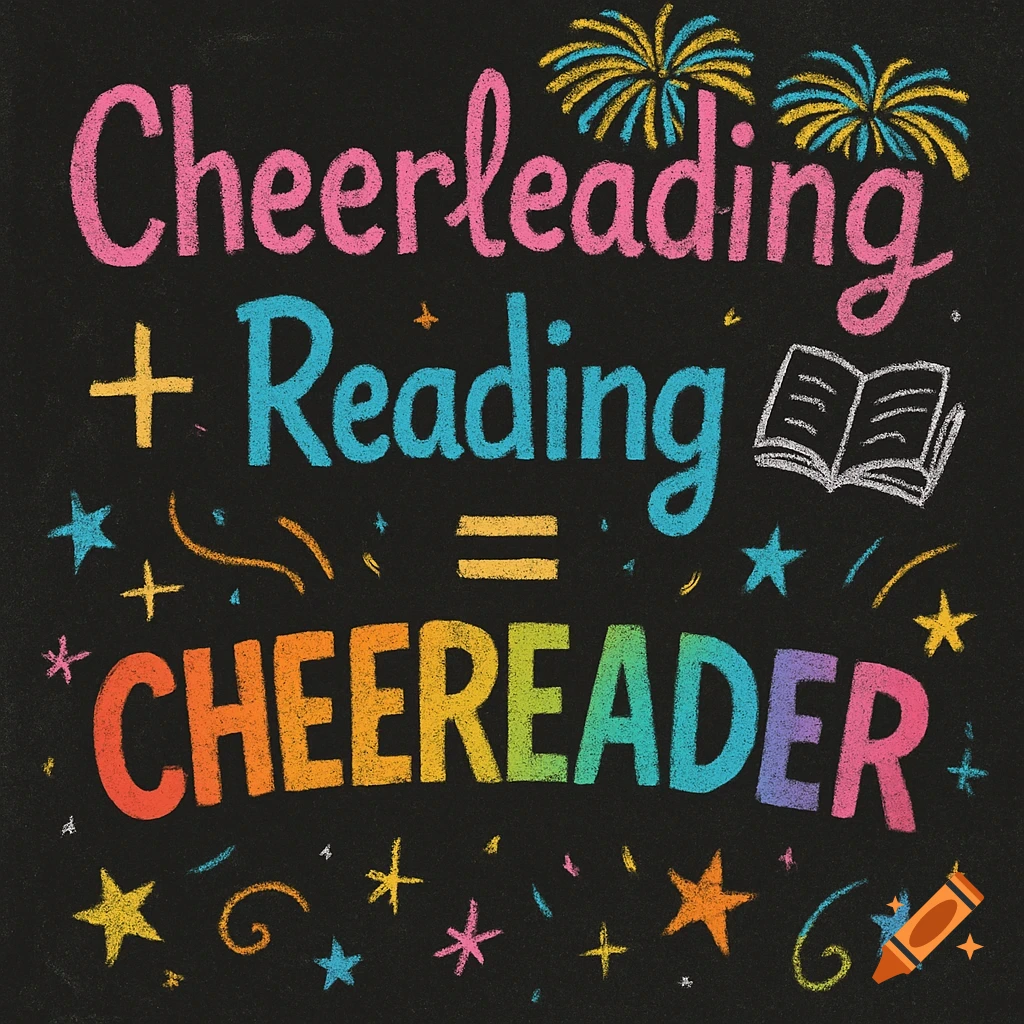 Chalkboard with colorful chalk text and drawings. It reads: "Cheerleading + Reading = CHEEREADER" with fireworks and stars.