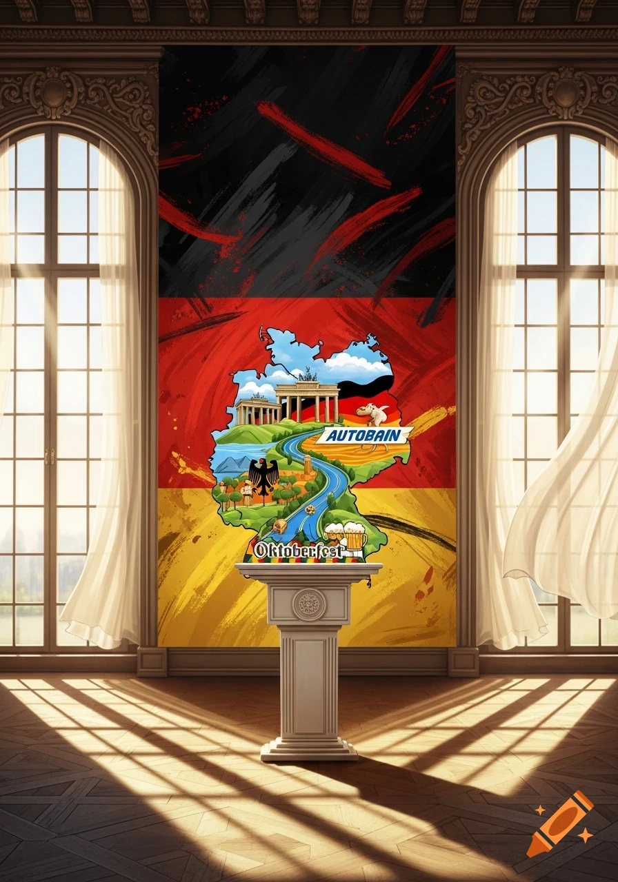 Stylized map of Germany with landmarks and text 'AUTOBAIN' and 'Oktoberfest' over a German flag background, displayed on a pedestal in a sunlit classical room.