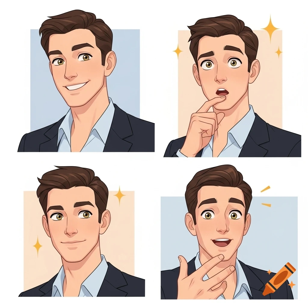 Four cartoon panels of a young man with brown hair and hazel eyes, showing expressions like smiling, thinking, and surprised.