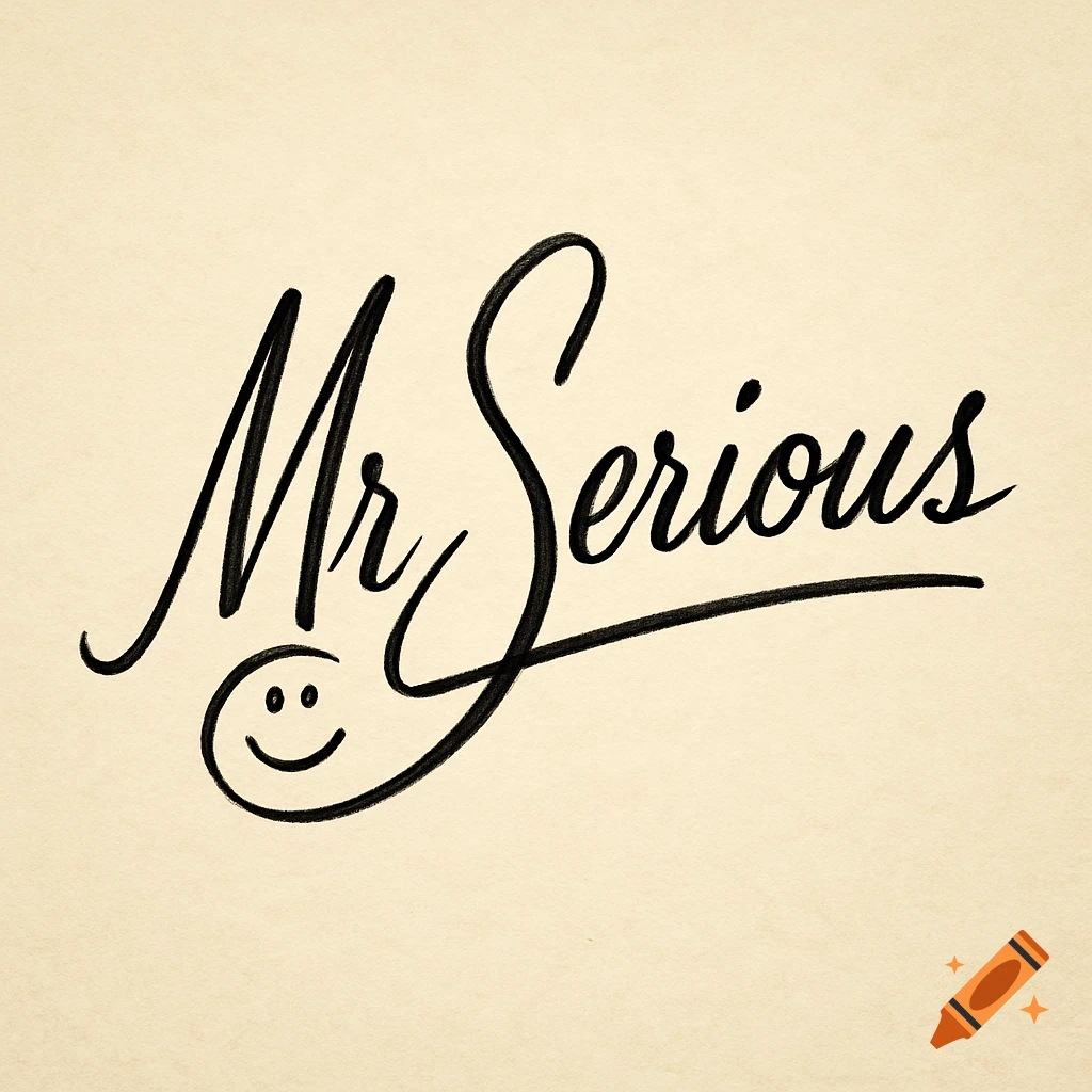 Handwritten script 'Mr Serious' with a smiley face on a textured background.