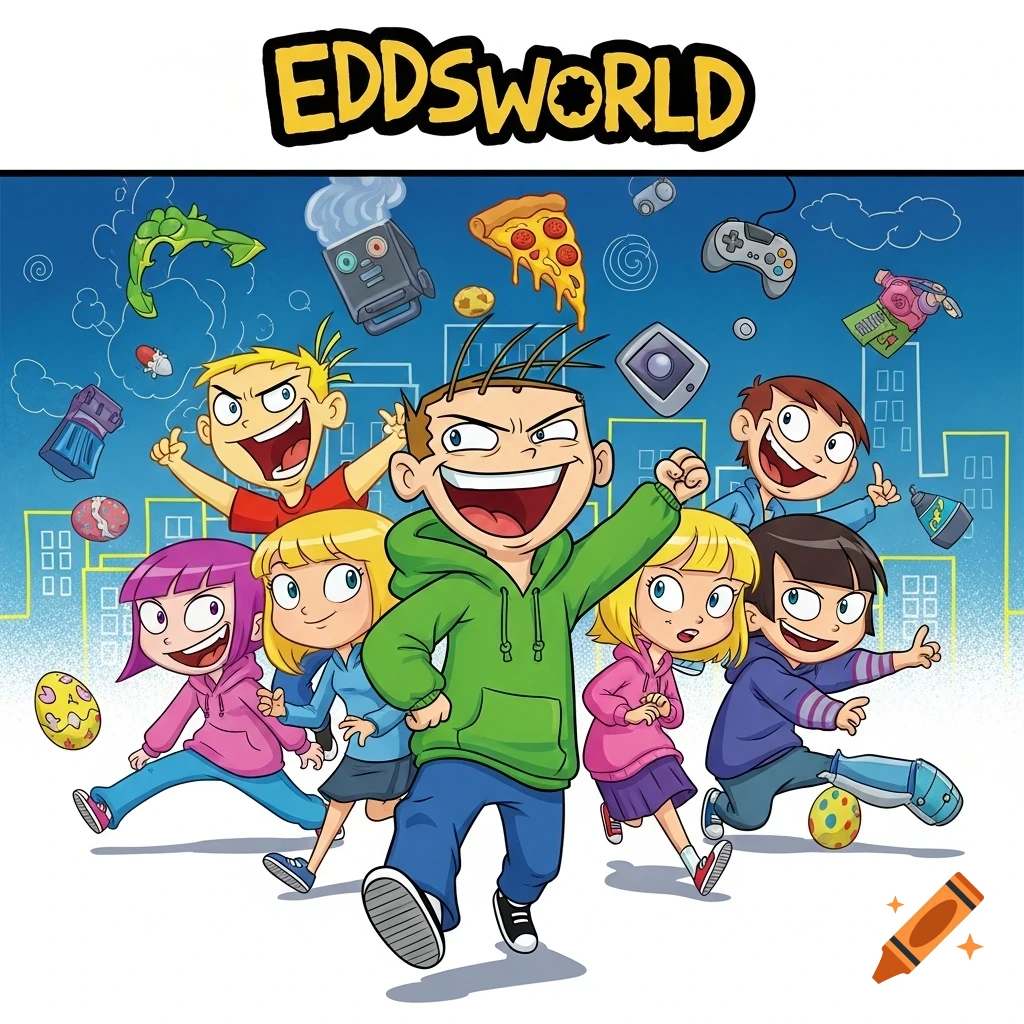 A group of cheerful cartoon kids running with various objects like pizza, a game controller, and a camera floating around them, with the text 'EDDSWORLD' at the top.