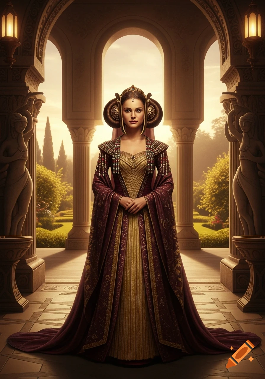 A woman in an elaborate gold and burgundy gown with an ornate headpiece stands under arches overlooking a garden.