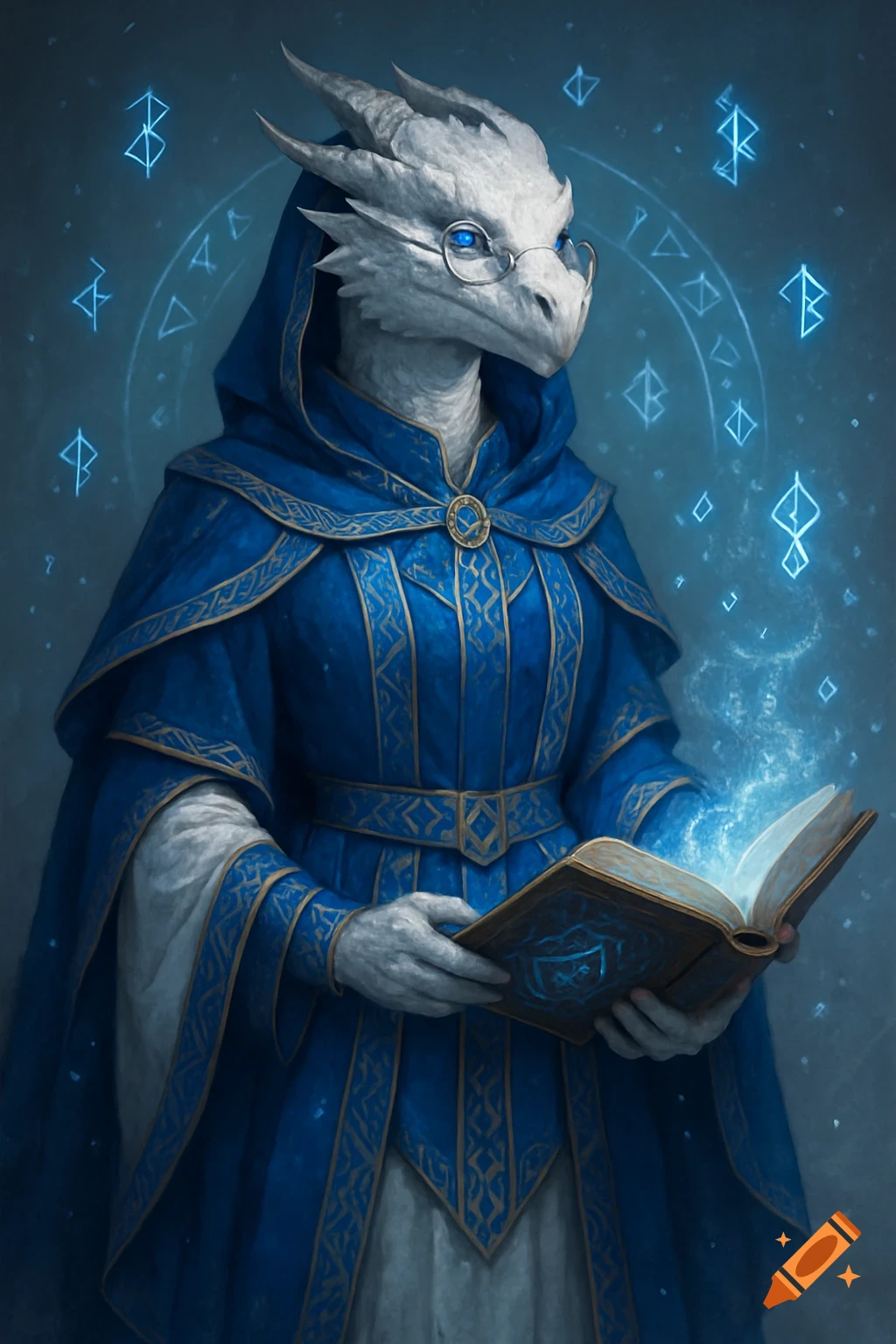 A white-scaled Dragonborn wizard in blue robes and spectacles holds a glowing spellbook, surrounded by blue runes, in a semi-realistic digital painting.