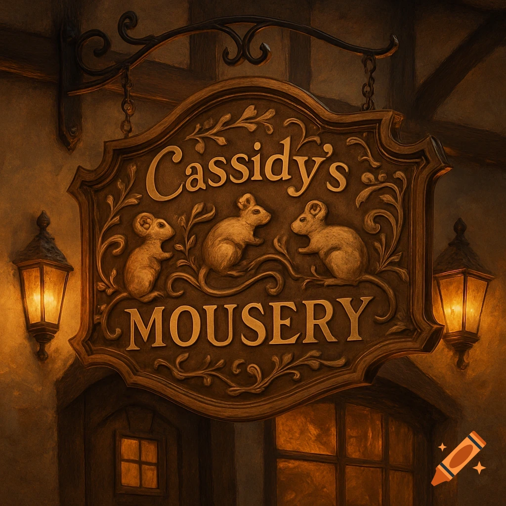 A carved wooden sign for "Cassidy's Mousery" features three decorative mice and is lit by two glowing lanterns on a building.