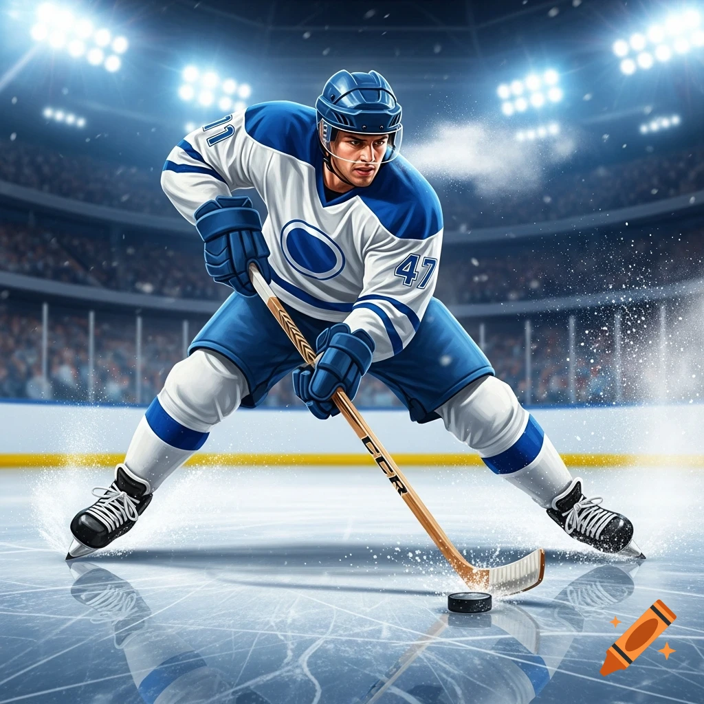 A male hockey player in a blue and white uniform skates on an ice rink, holding a stick and puck in a brightly lit arena.