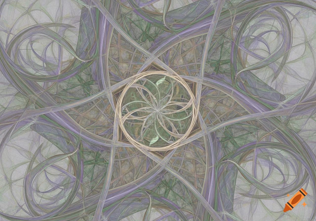 A complex abstract pattern of intertwining lines in shades of purple, green, and beige, with a central circular floral motif.