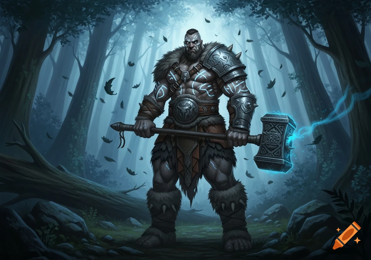 A muscular Goliath barbarian with glowing tattoos stands in a misty forest, holding a large, glowing hammer.