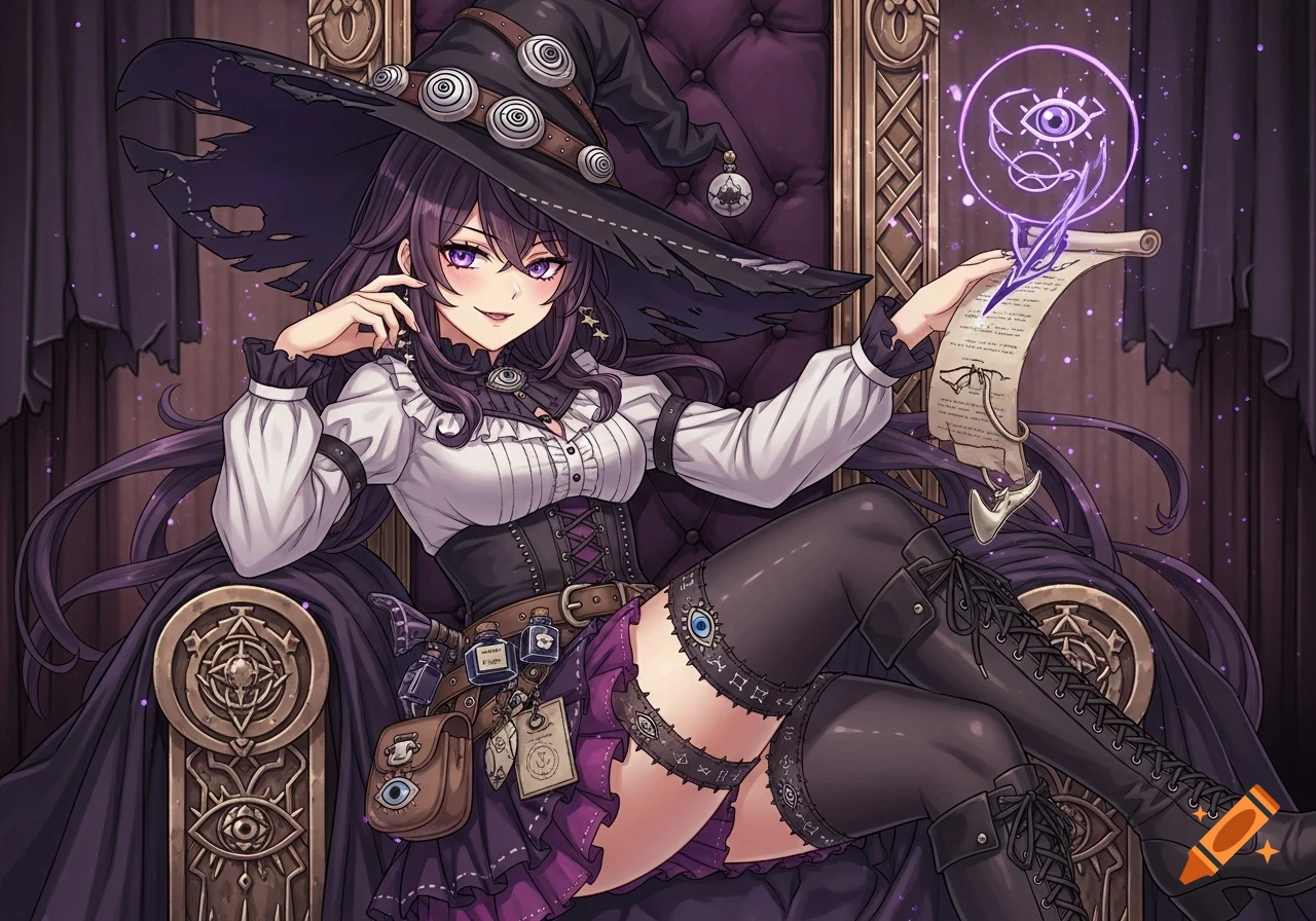 An anime witch with purple hair and eyes sits on a gothic throne, holding a glowing scroll. She wears a black hat, white ruffled blouse, black corset, and a layered plum skirt with thigh-high stockings.