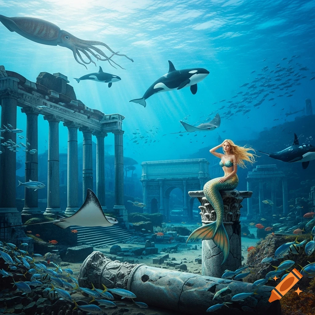 Photorealistic scene of a blonde mermaid sitting on a crumbling column in submerged Roman ruins, surrounded by orcas, a giant squid, stingrays, and fish.