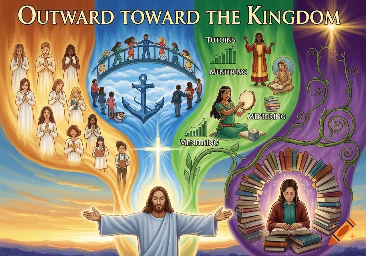 A colorful allegorical painting of Jesus with open arms at the bottom, radiating light up through four pathways depicting people praying, community on a bridge, people serving, and a scholar reading surrounded by books.