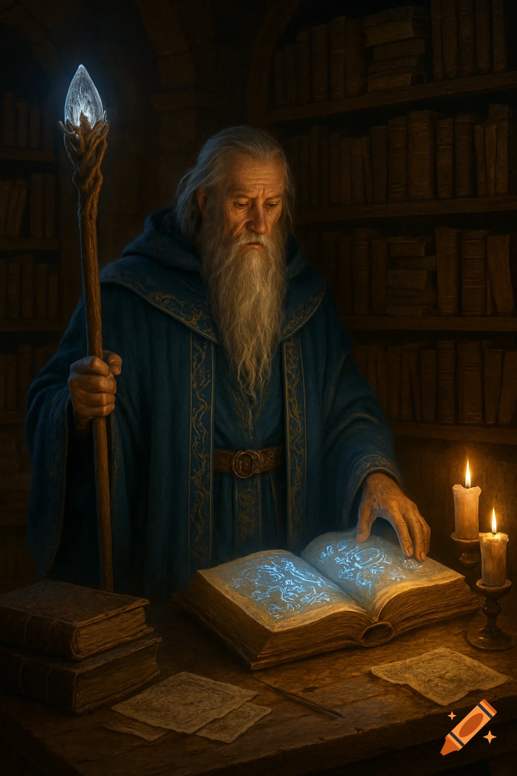 An old wizard with a long beard, holding a staff, studies a glowing magic book in a dimly lit study with bookshelves and candles.