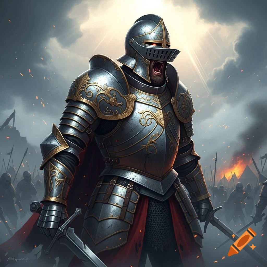 A roaring knight in detailed silver and gold armor holds two swords on ...