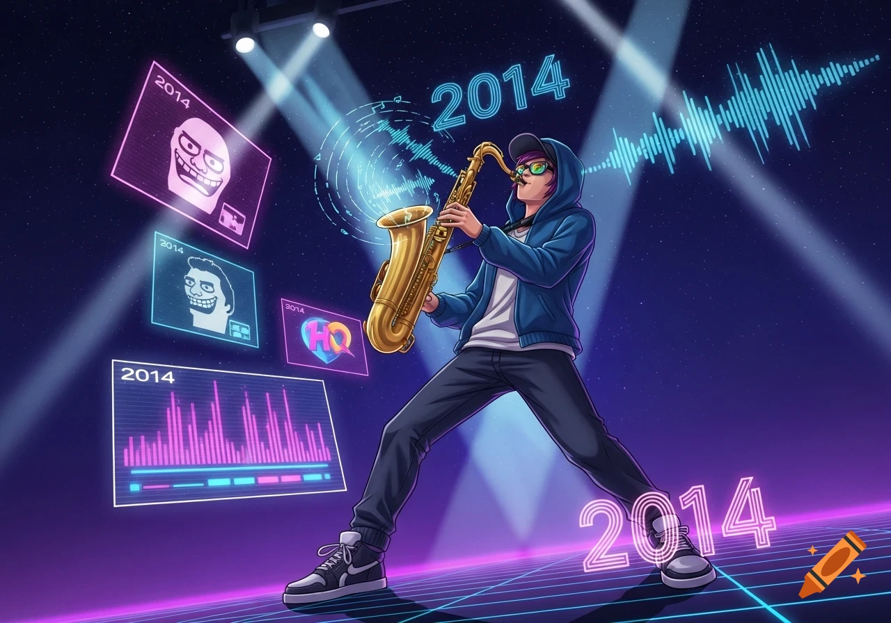 A person plays a saxophone on a neon grid stage with holographic screens displaying memes, graphs, and '2014' in a synthwave cartoon style.