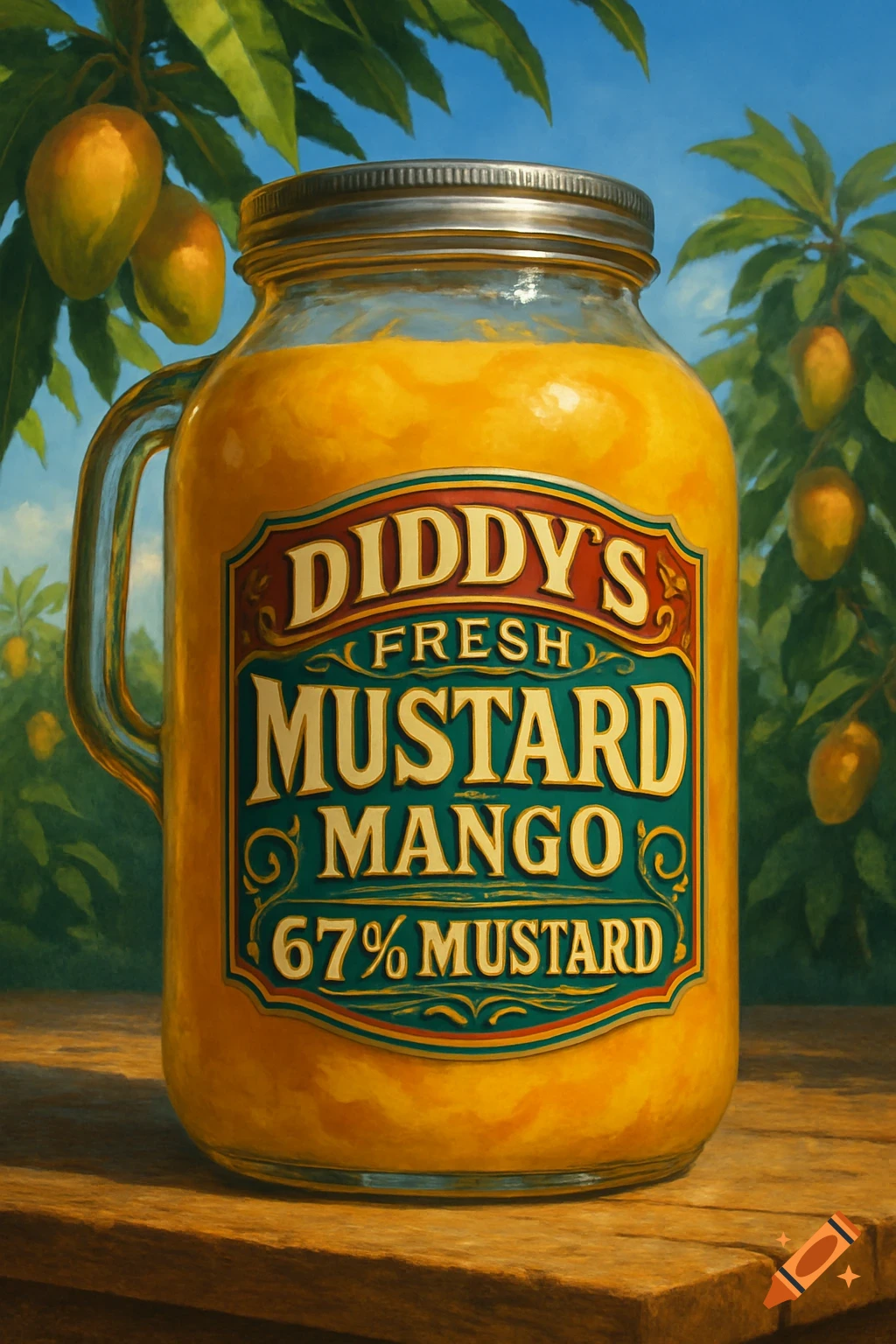 A vibrant painting of a jar of Diddy's Fresh Mustard Mango on a wooden surface, with mango trees and blue sky in the background.