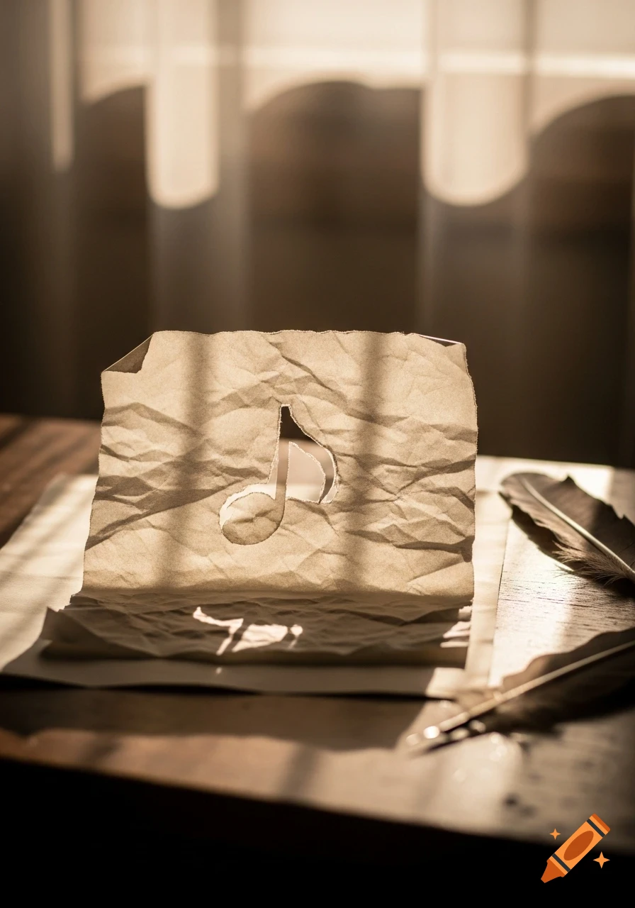 A close-up shot of a crumpled piece of paper with a musical note cut out, illuminated by warm sunlight streaming through a window. Two feathers rest beside it on a wooden surface.