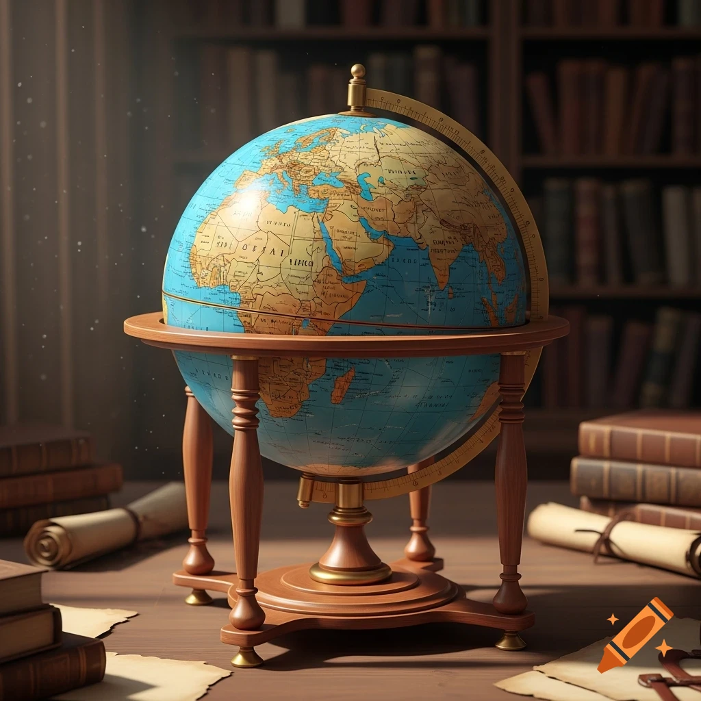 A detailed terrestrial globe on a wooden stand, surrounded by old books and scrolls in a dimly lit library, photorealistic style.