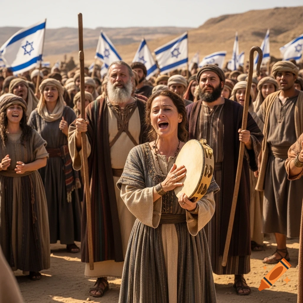 A large crowd of ancient Israelites celebrates, with a woman singing and playing a tambourine in the foreground, and flags with the Star of David in the desert.
