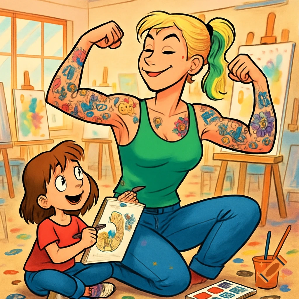 A strong woman with colorful tattoos flexes her arms while a child draws her in a brightly lit art studio, cartoon style.