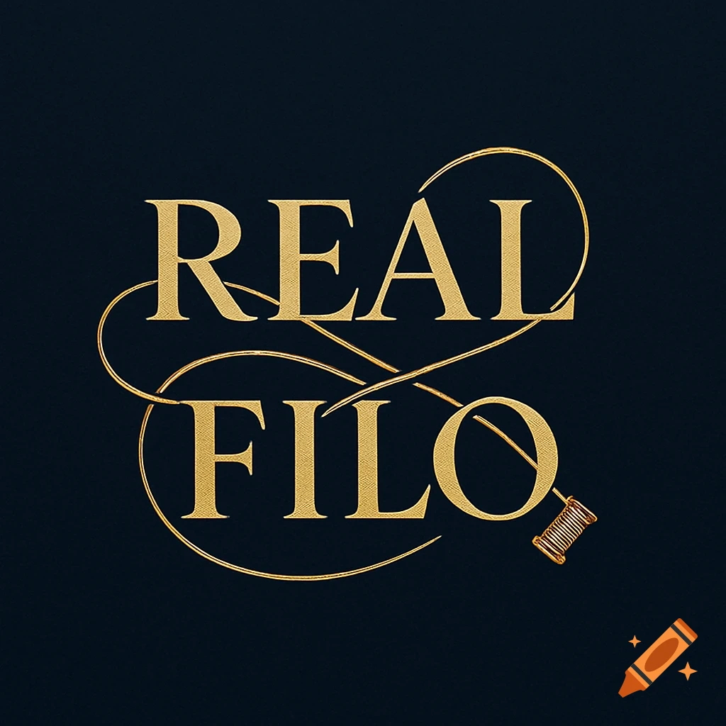 Gold text 'REAL FILO' logo with stylized thread and a small spool on a dark blue background.